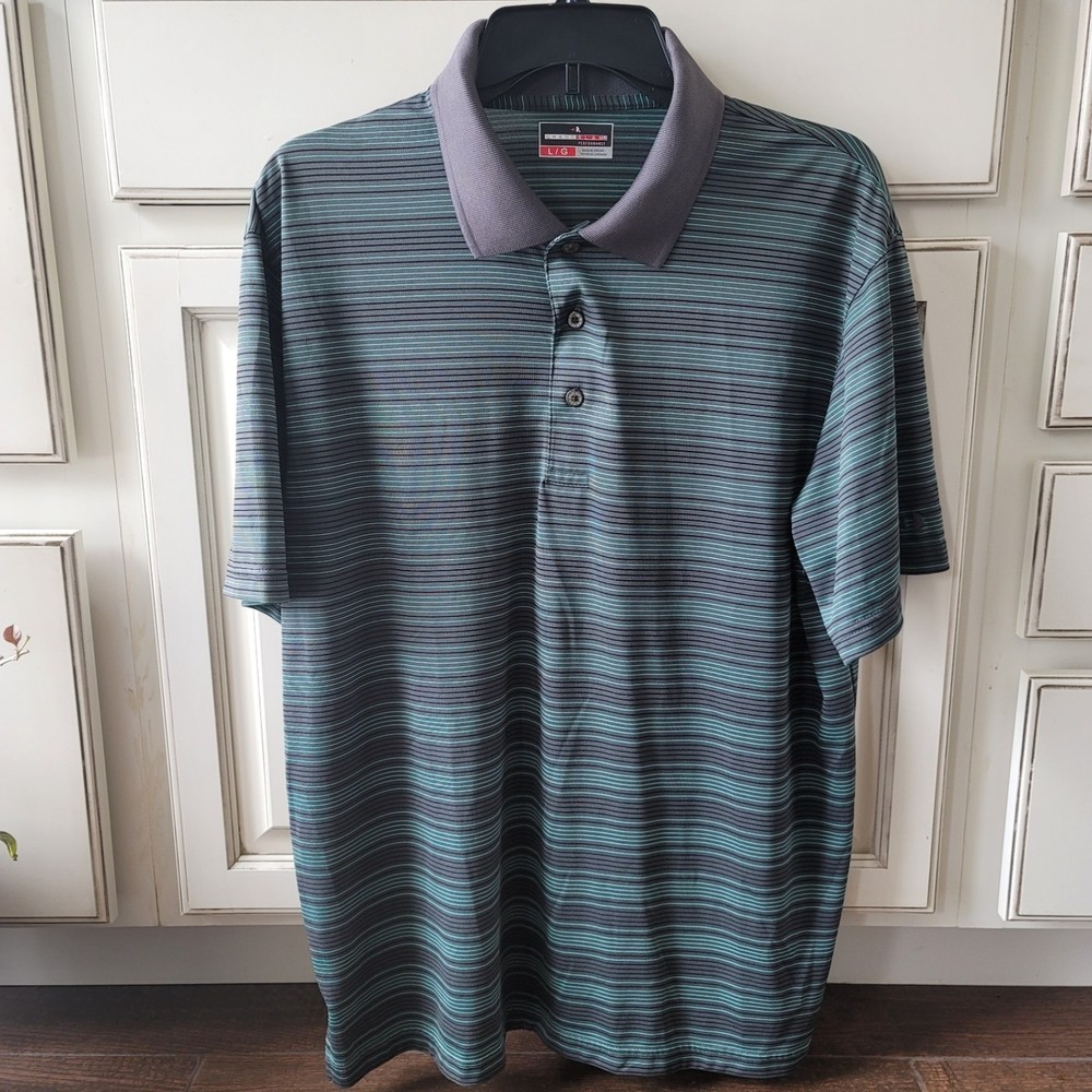 GRANDSLAM Performance Mens Large Golf Polo Ribbed Collar Stripes Green Gray Bla